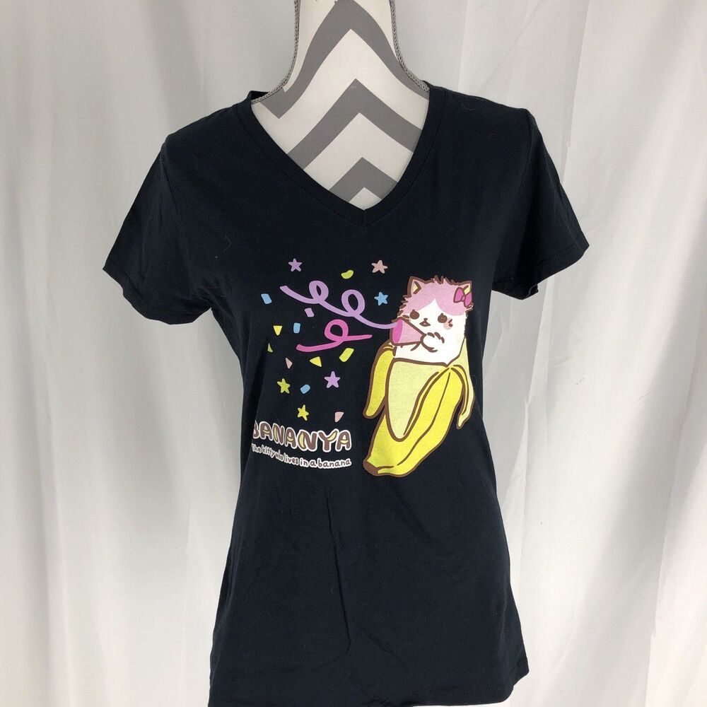 Bananya Crunchyroll Anime T-Shirt Large Black Cute Cat Banana Graphic Tee